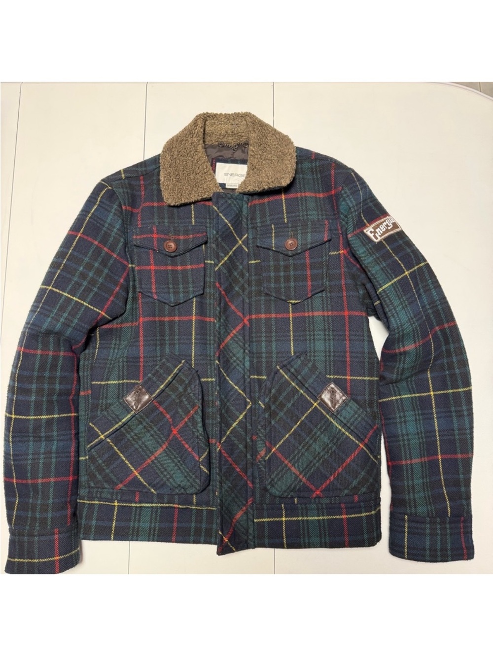 Energie Men's Plaid Sherpa Collar Jacket - Navy/Green